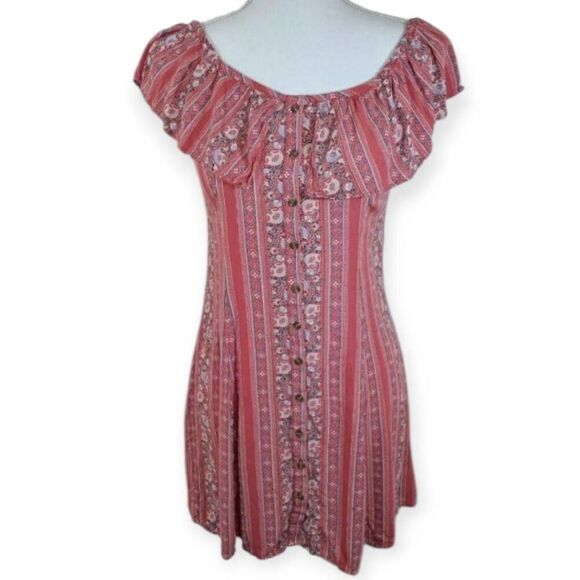 AMERICAN EAGLE OUTFITTERS PINK/BRICK FLORAL OFF-THE-SHOULDER DRESS SZ.XS EUC. - Picture 2 of 6